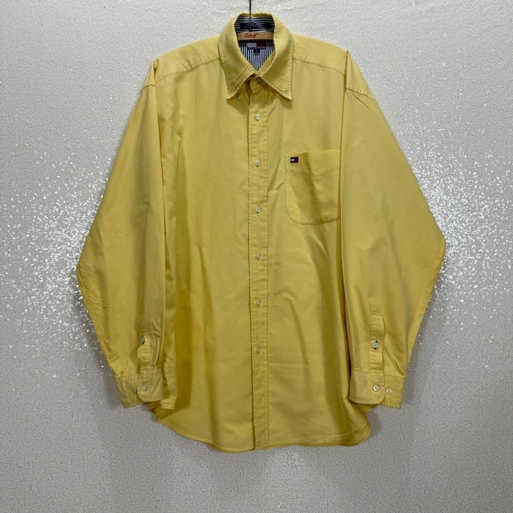 Tommy Hilfiger Yellow Button Down Shirt Men’s L Vintage Cotton Long Sleeve